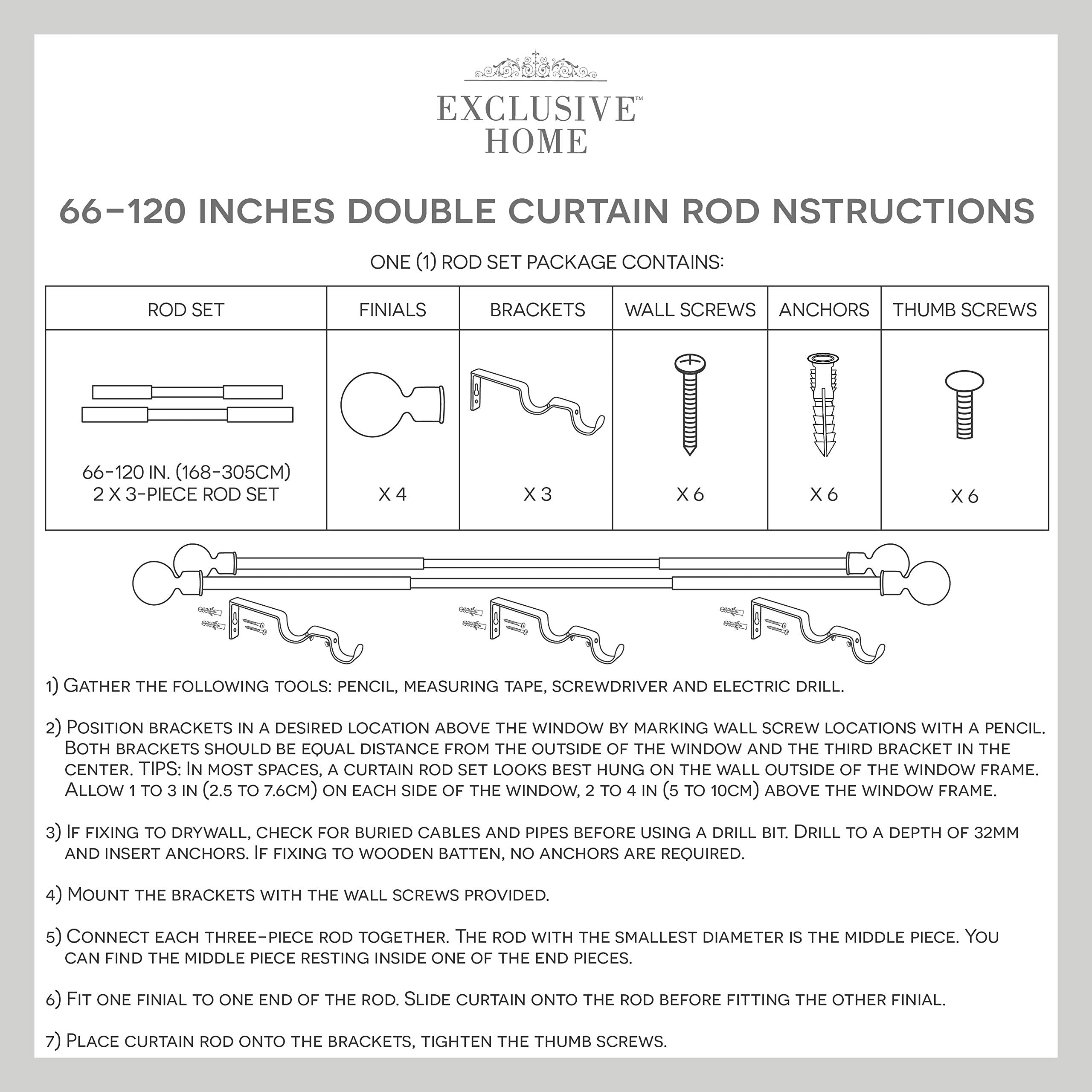 Exclusive Home rod next to a tape measure showing adjustable 66 to 120 inch range, ensures fit