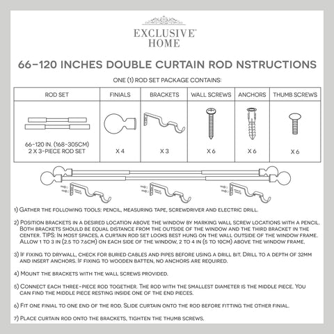 Exclusive Home rod next to a tape measure showing adjustable 66 to 120 inch range, ensures fit