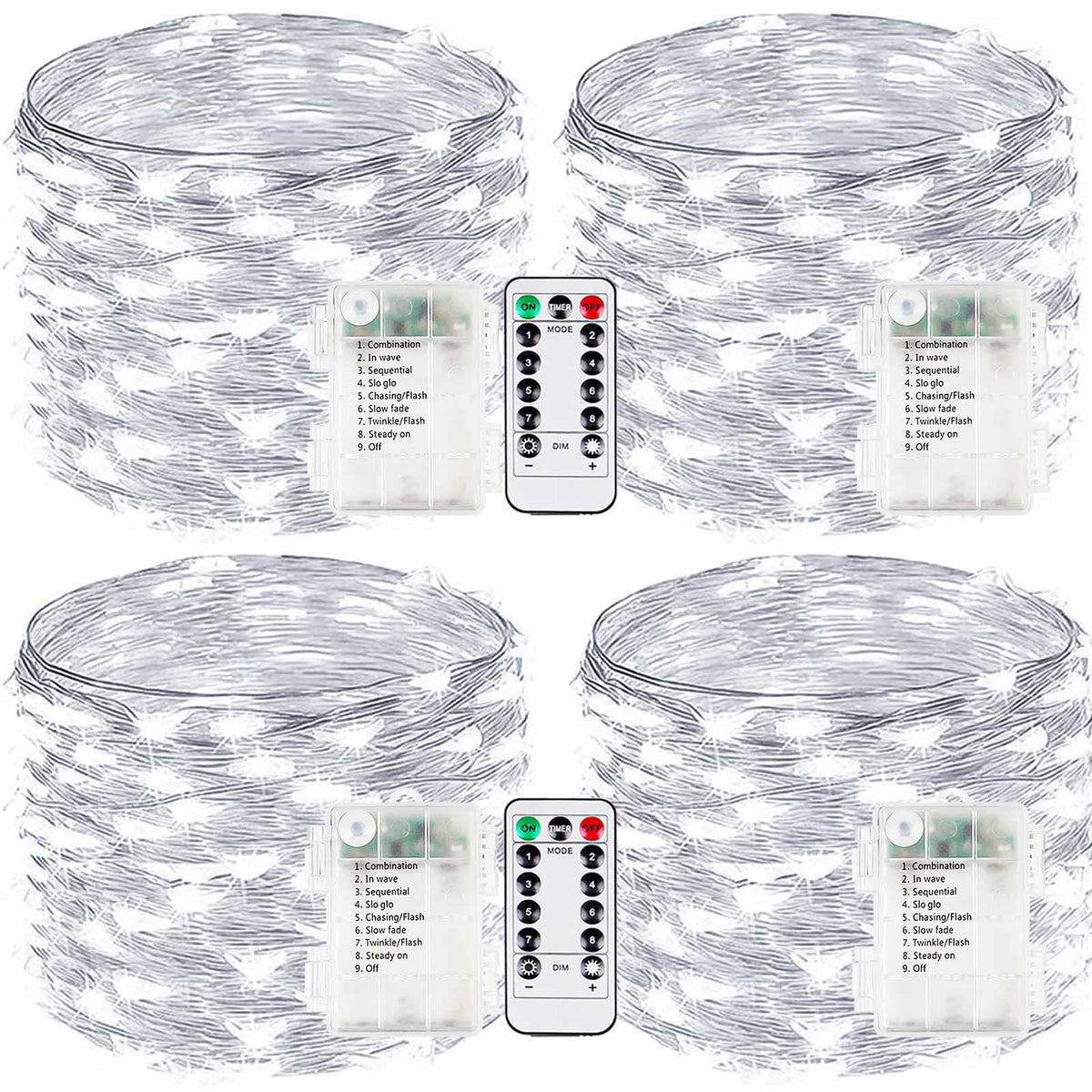 EXF front packaging showing 4-pack fairy lights and remote, ready for decorating