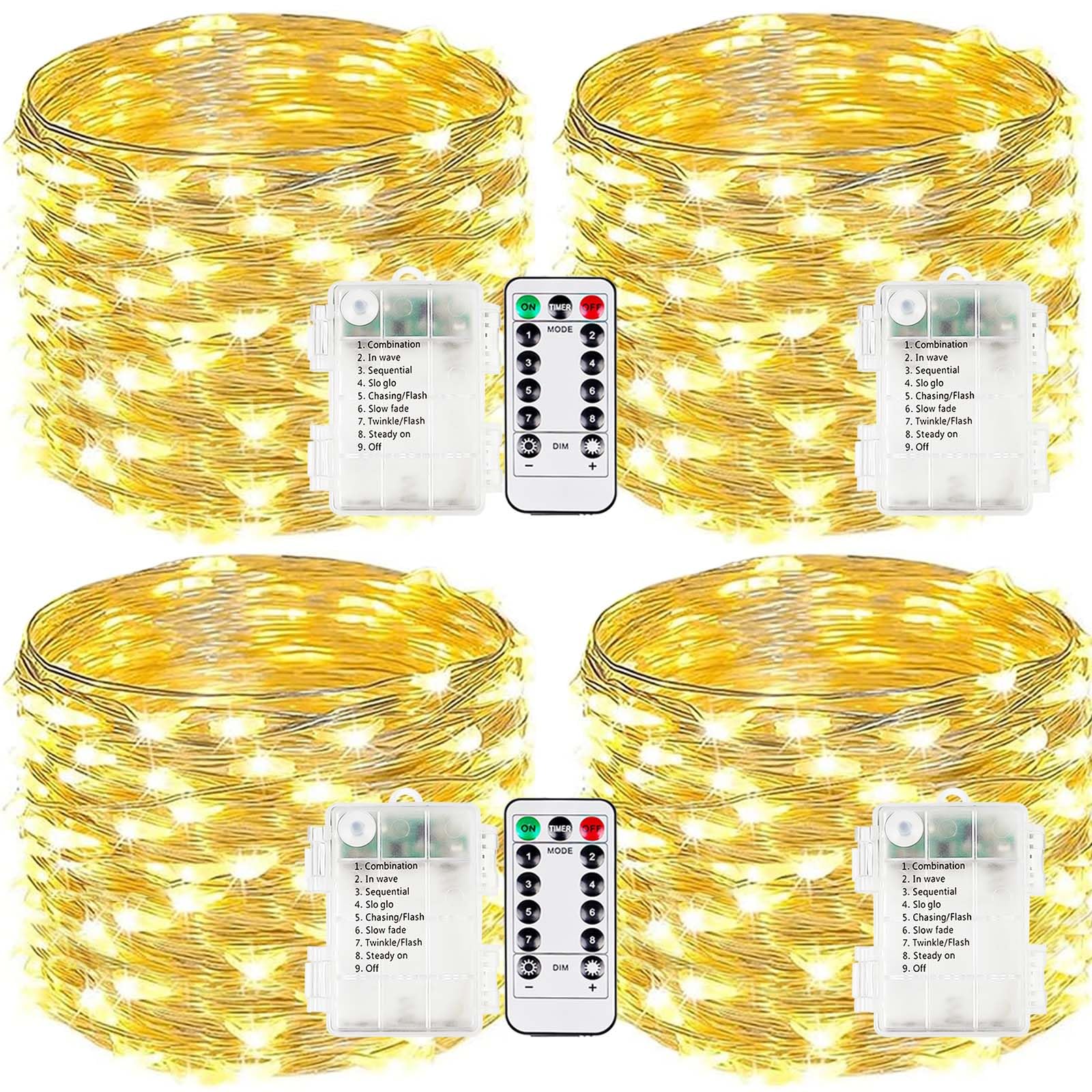EXF front view of four packed 33ft warm white strands showing complete kit benefits