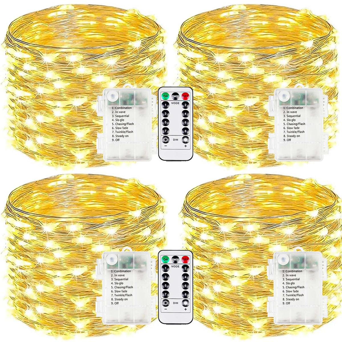 EXF front view of four packed 33ft warm white strands showing complete kit benefits