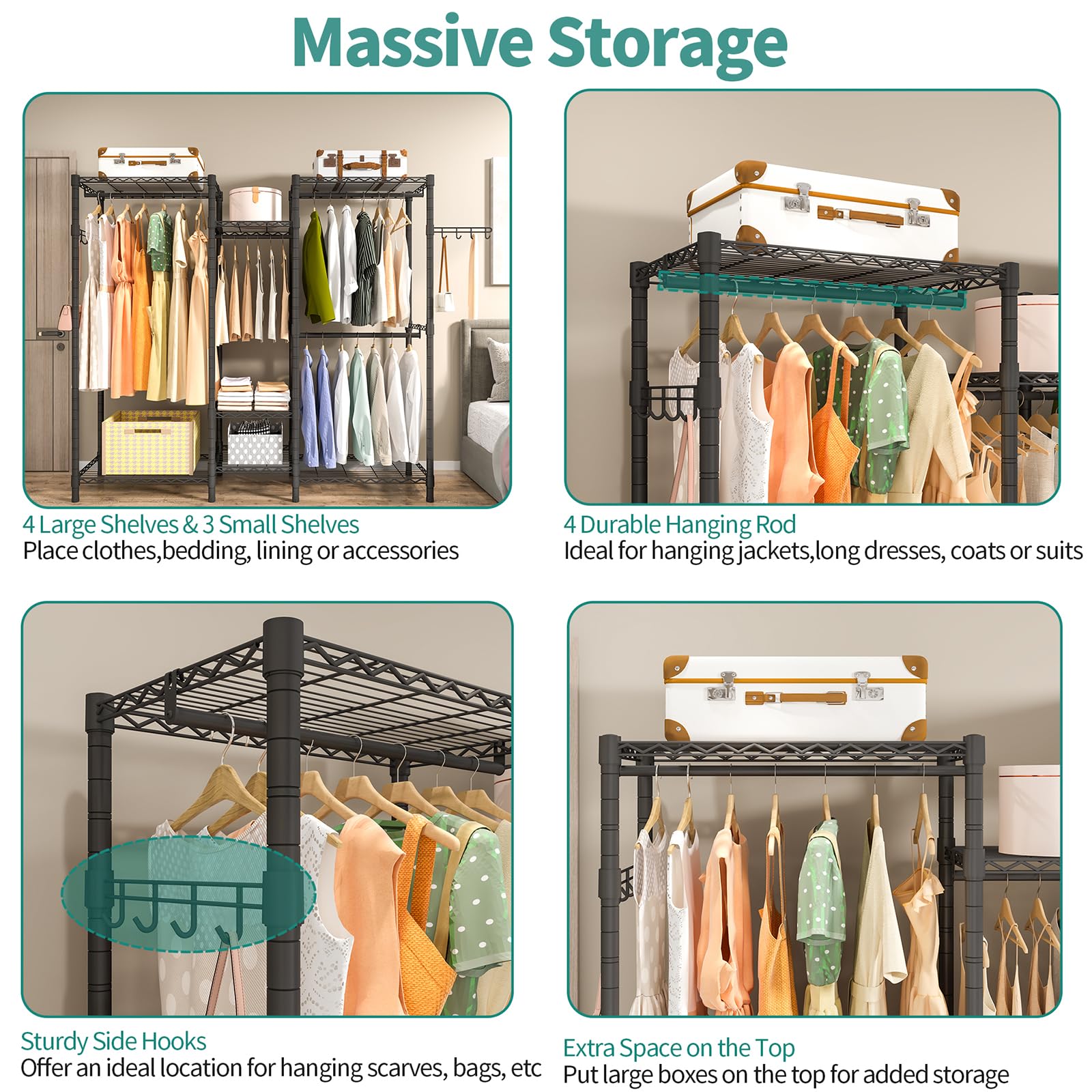 Exglobol hanging rods loaded with clothes showing organized storage benefit