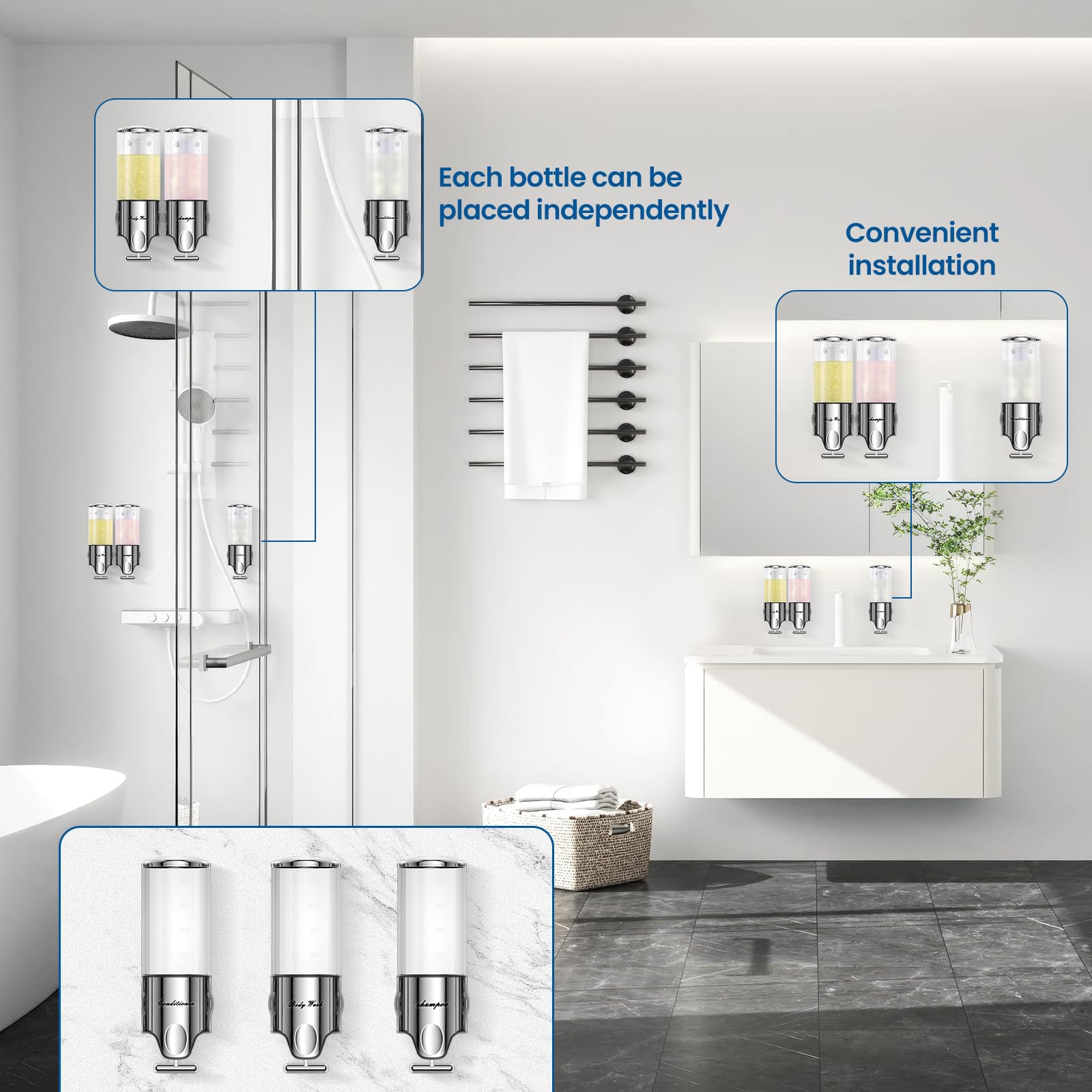 EXIN DECHEN mounted in shower showing space-saving and organized look