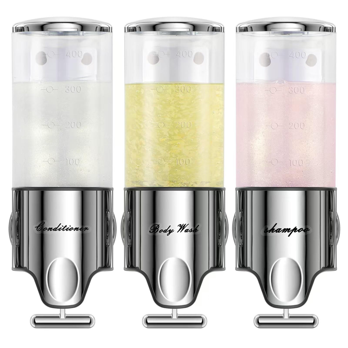 EXIN DECHEN front view of clear triple dispenser showing tidy shower benefit