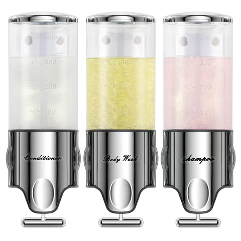 EXIN DECHEN front view of clear triple dispenser showing tidy shower benefit