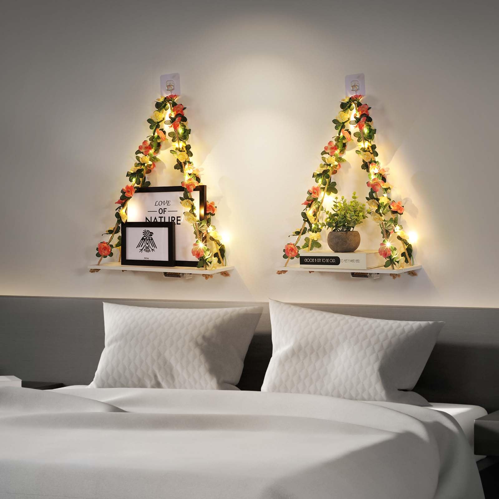 EXIN DECHEN styled bedroom display with plants and lights creating warm decor