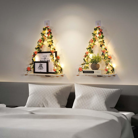 EXIN DECHEN styled bedroom display with plants and lights creating warm decor