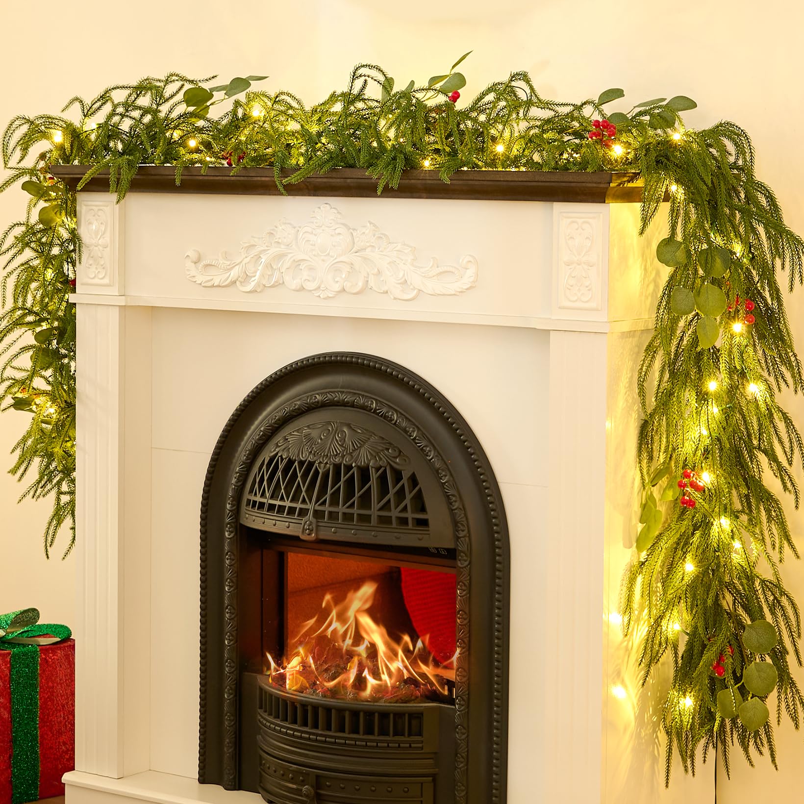 EXKRAEFT garland wrapped on staircase banister adding festive flair