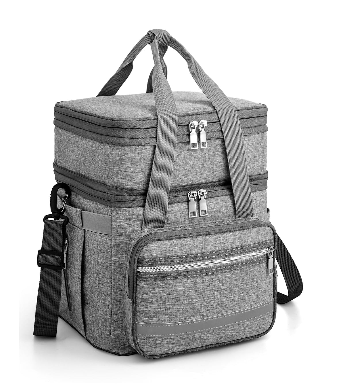 EXLIFBAG front view showing organized compartments and gray exterior for polished storage