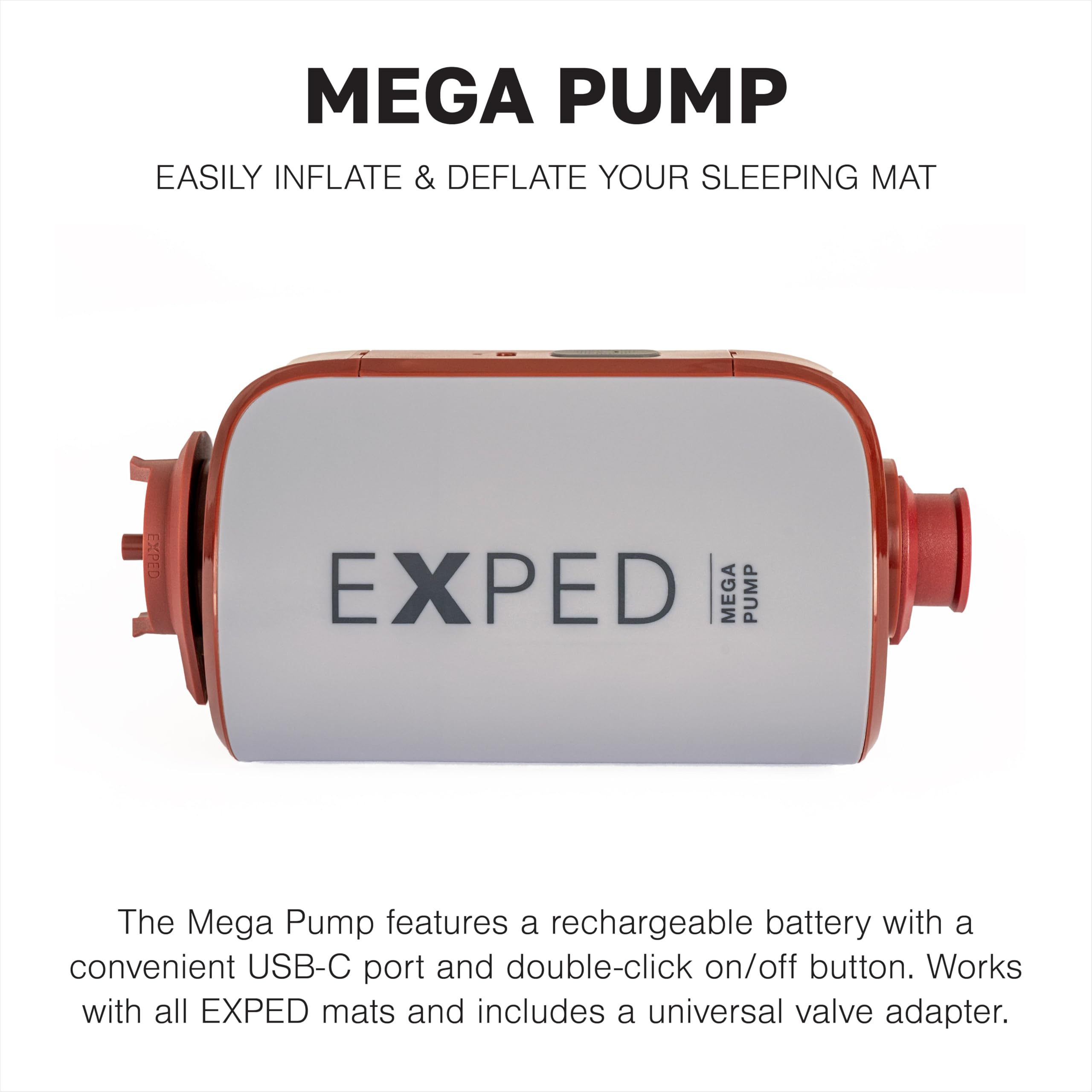 Exped Mega Pump adapters and nozzles laid out for universal valve compatibility benefit