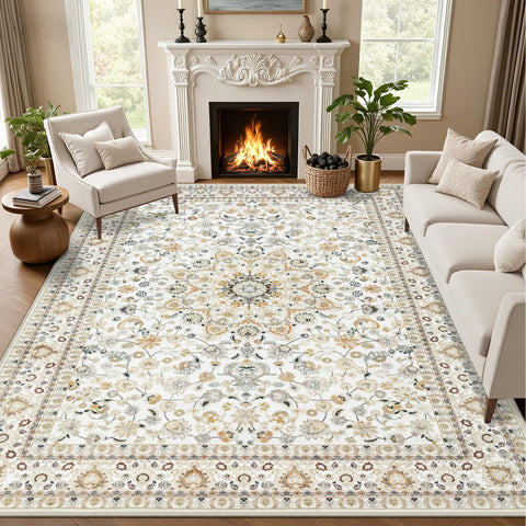 ExpediX front view of 8x10 vintage beige rug showcasing full design and benefit of stylish anchor