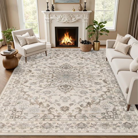 ExpediX brown beige 8x10 rug full view in living room providing warm foundation
