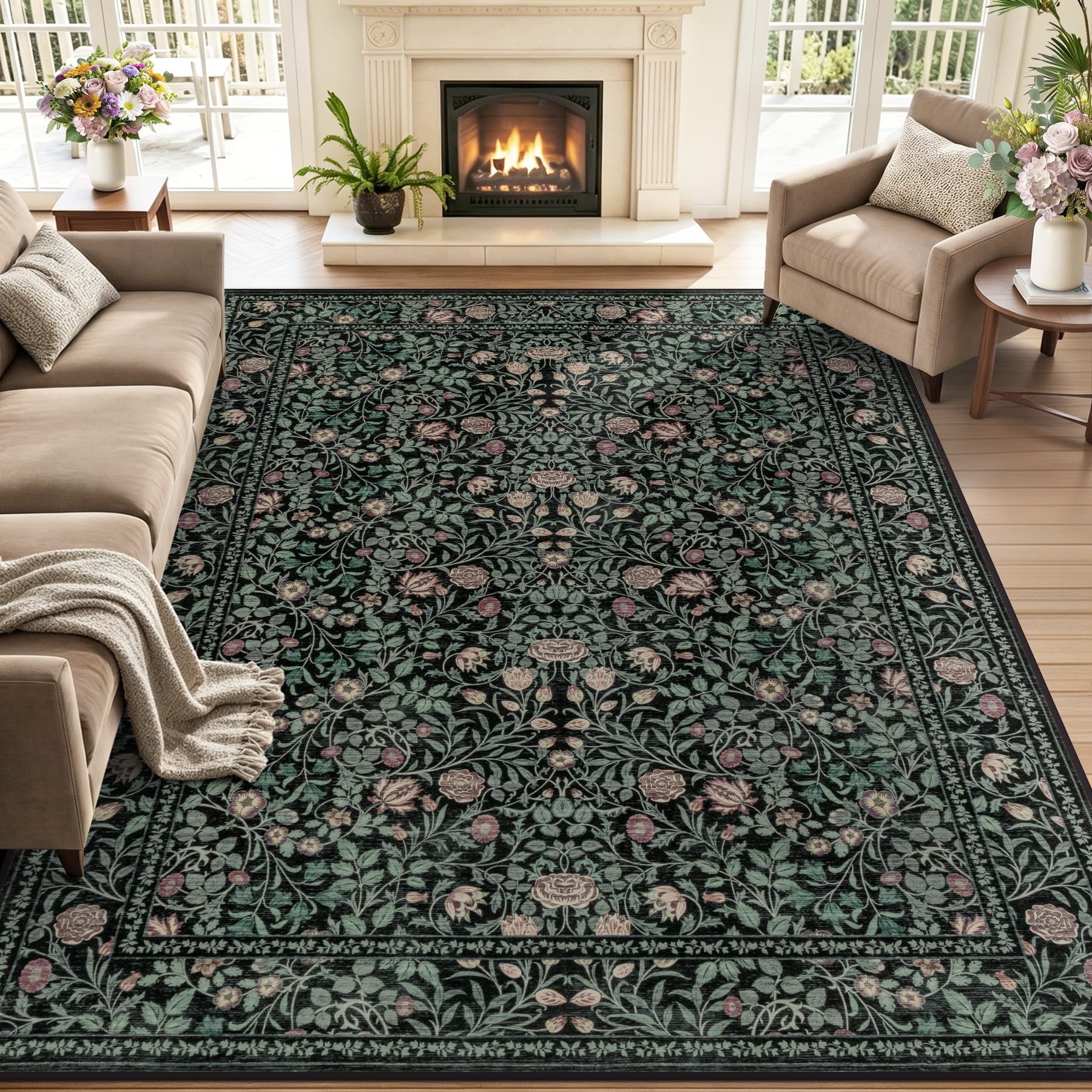ExpediX full 5x7 dark green floral rug laid flat showing pattern and size benefit