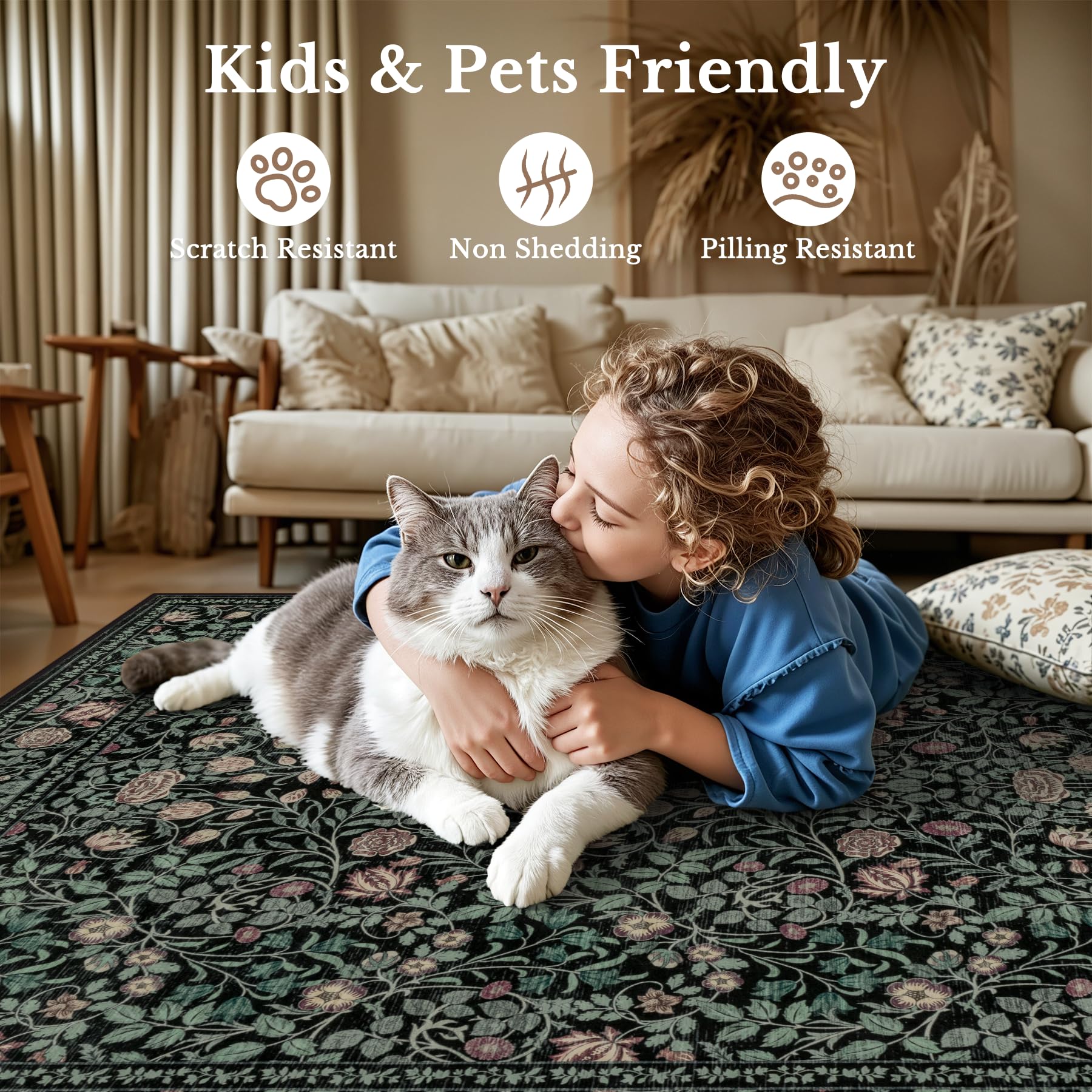 ExpediX rug beside a sofa demonstrating 5x7 scale and furniture placement benefit