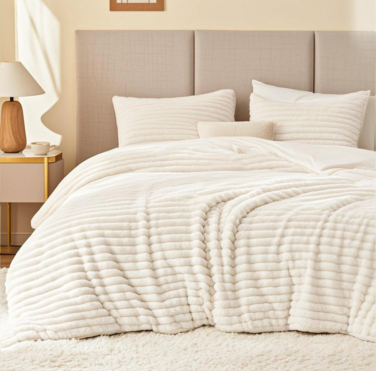 EXQ Home comforter front view showing cream-white striped design and inviting look