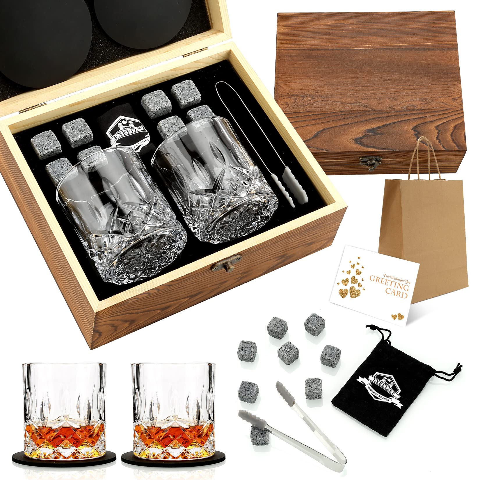 EXREIZST wooden gift box open displaying the full whiskey stone and glass set for gifting