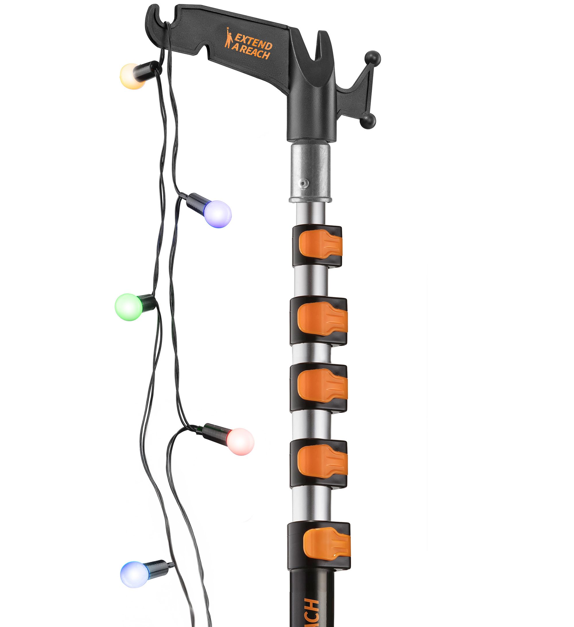 EXTEND-A-REACH front view of pole and hook showing full kit and benefit of ladder-free reach