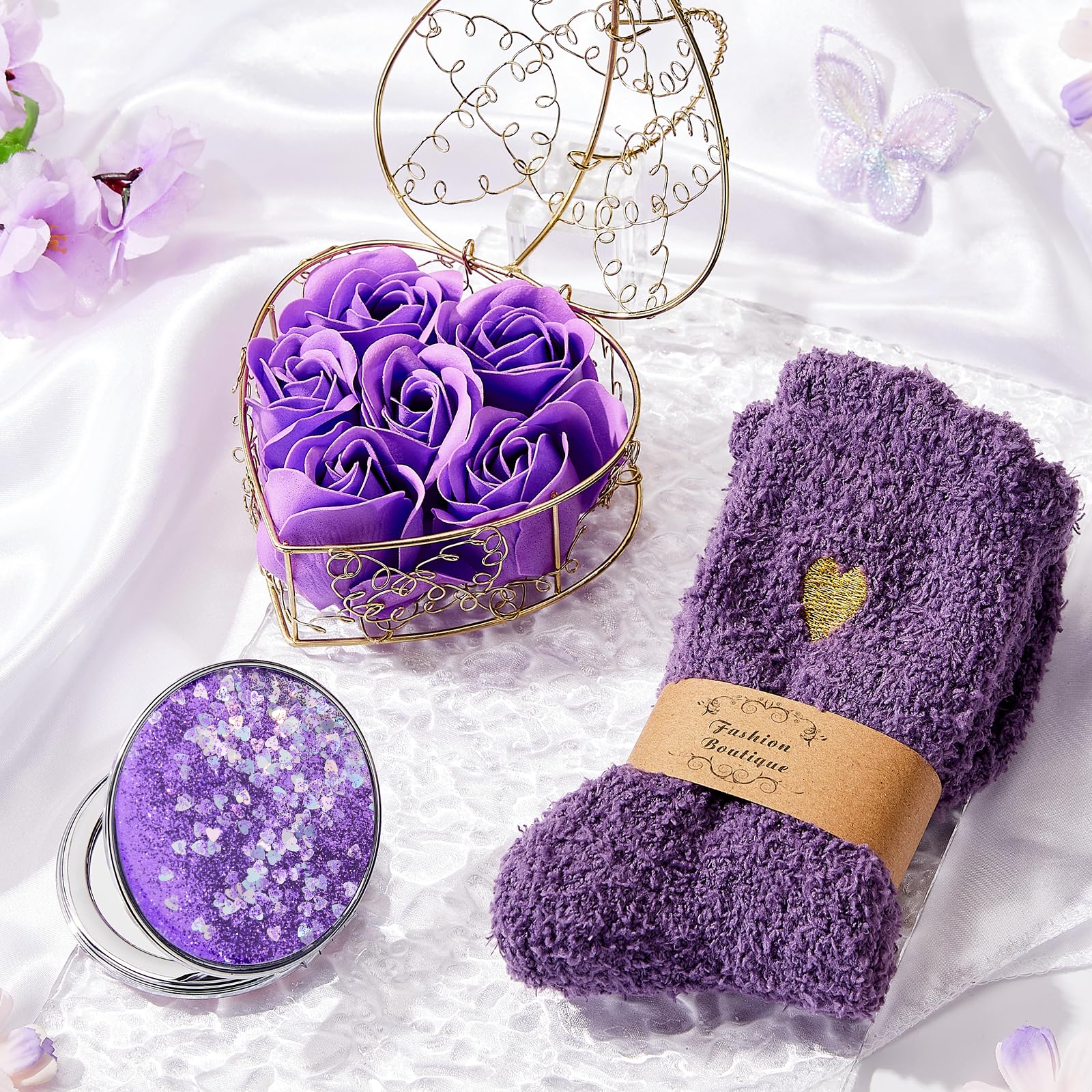 Exun bracelet and purple greeting card flatlay conveying a personal heartfelt touch