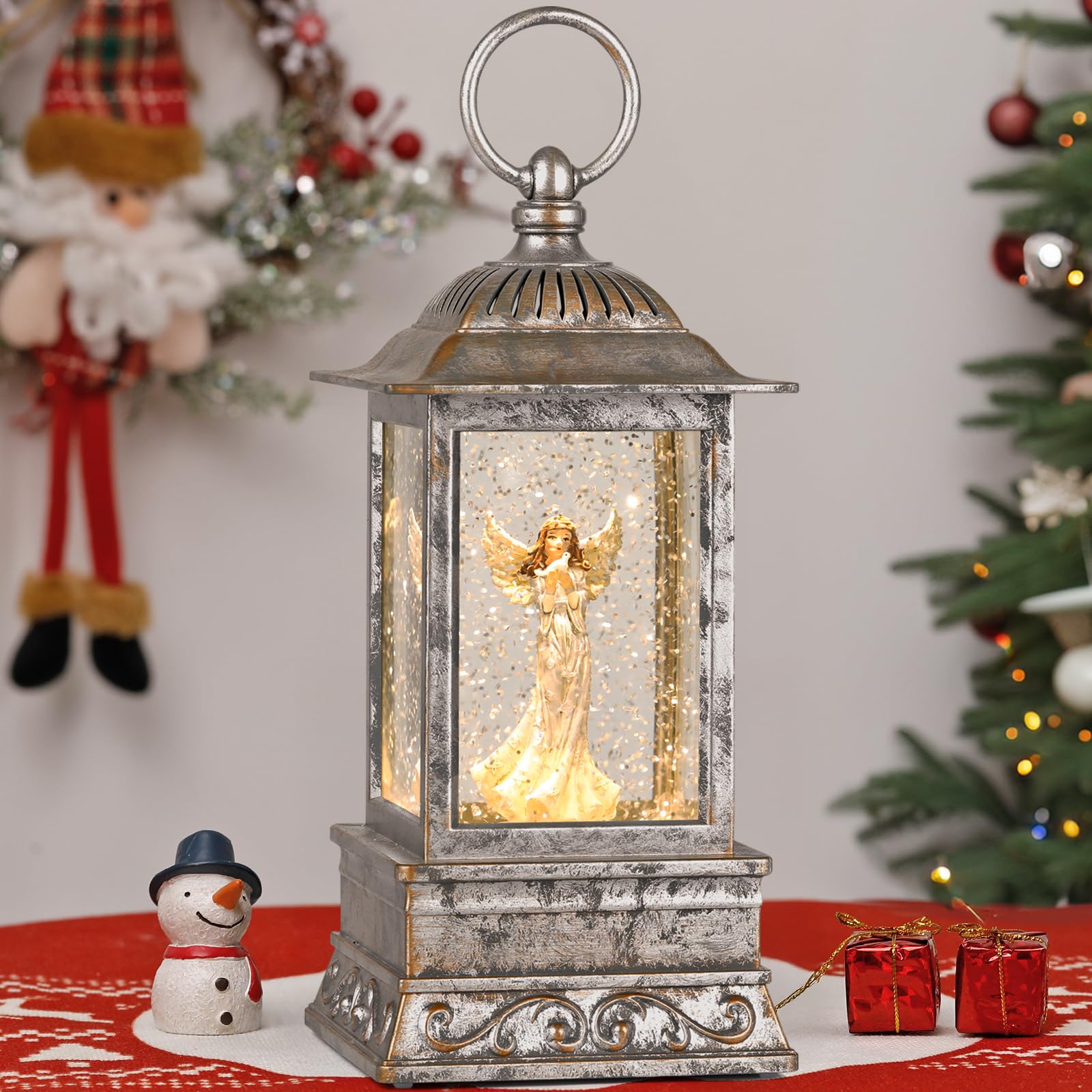 Eyrosa front view silver angel lantern showing vintage frame and soft glow benefit