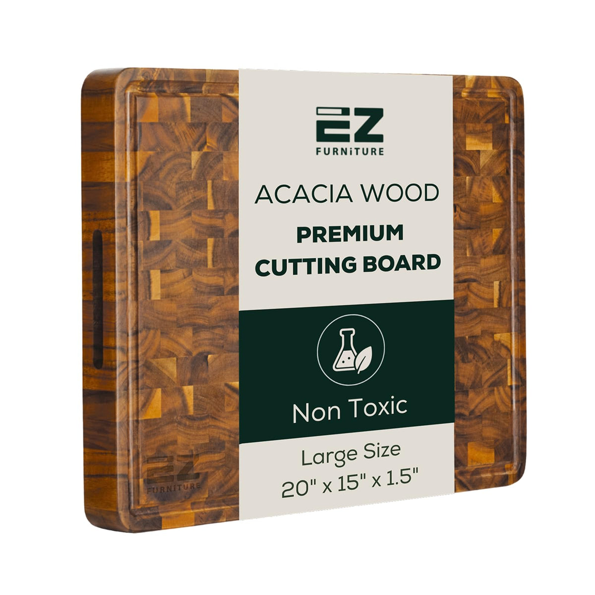 EZ FURNITURE front view of large acacia cutting board showing size and finish benefits