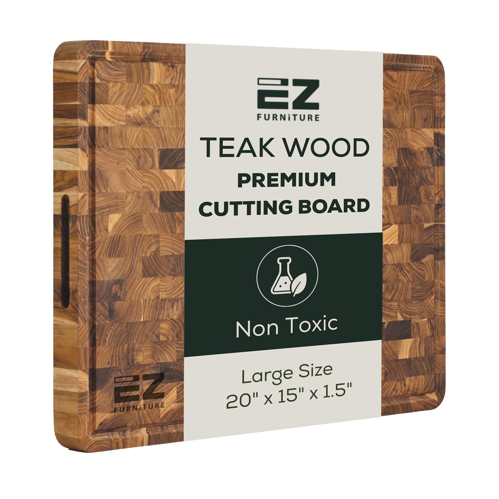EZ FURNITURE front view of teak cutting board showing full surface and shape benefit