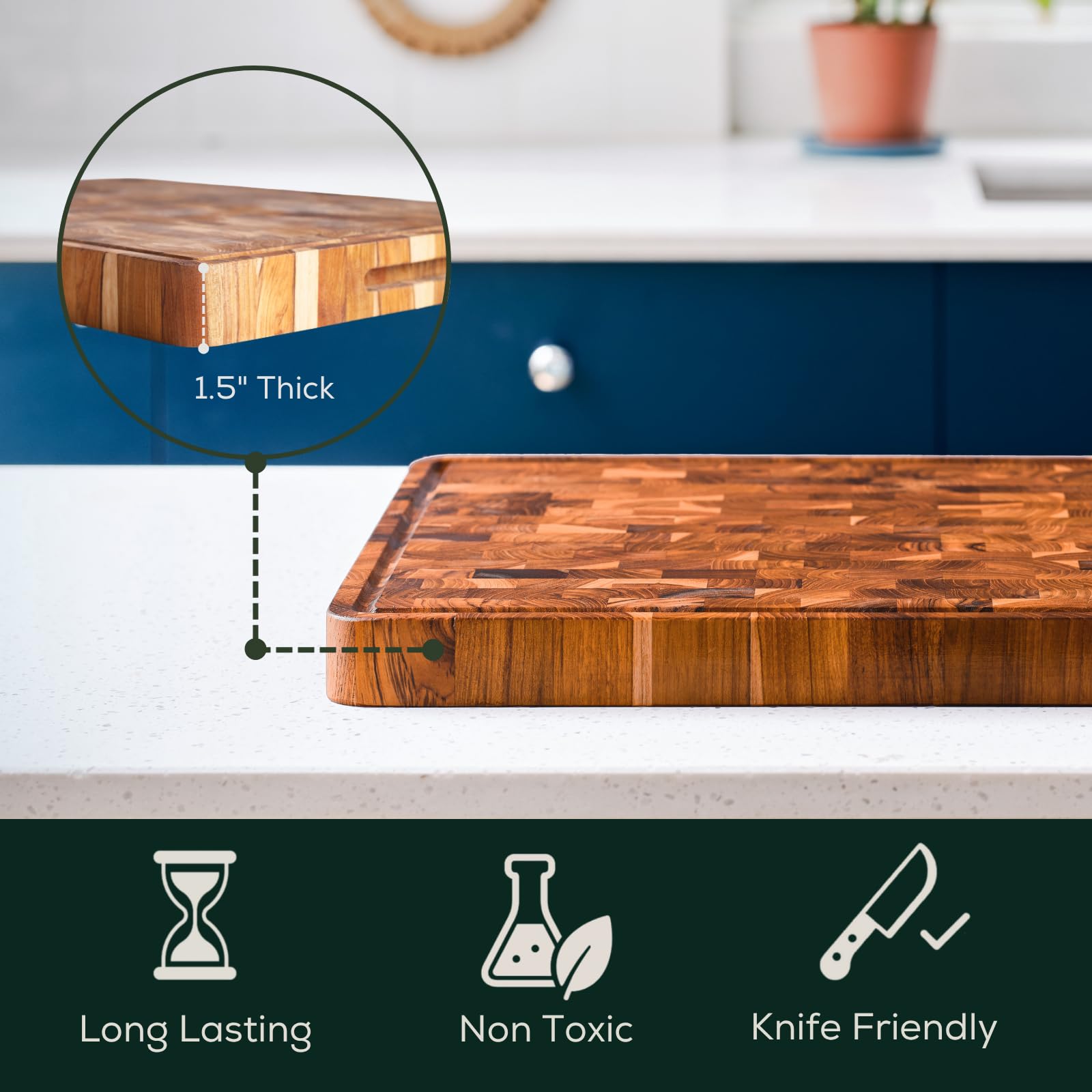 EZ FURNITURE close-up of teak end-grain texture highlighting knife-friendly surface and durability