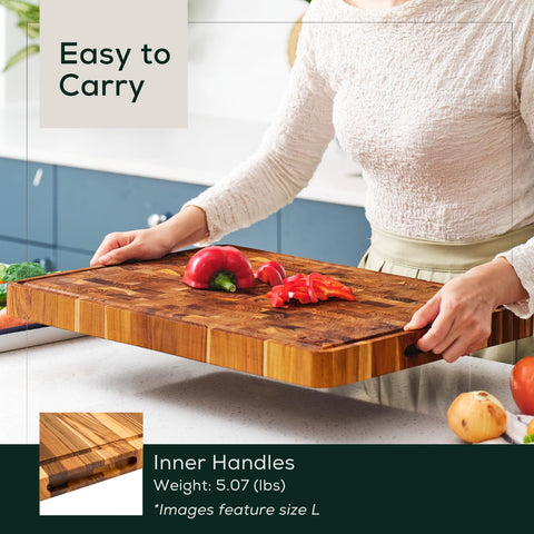 EZ FURNITURE thickness and scale comparison showing 1.5-inch profile and stable chopping base