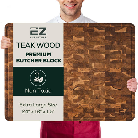EZ FURNITURE front view of XL teak board showing large work surface and handles for safer carrying