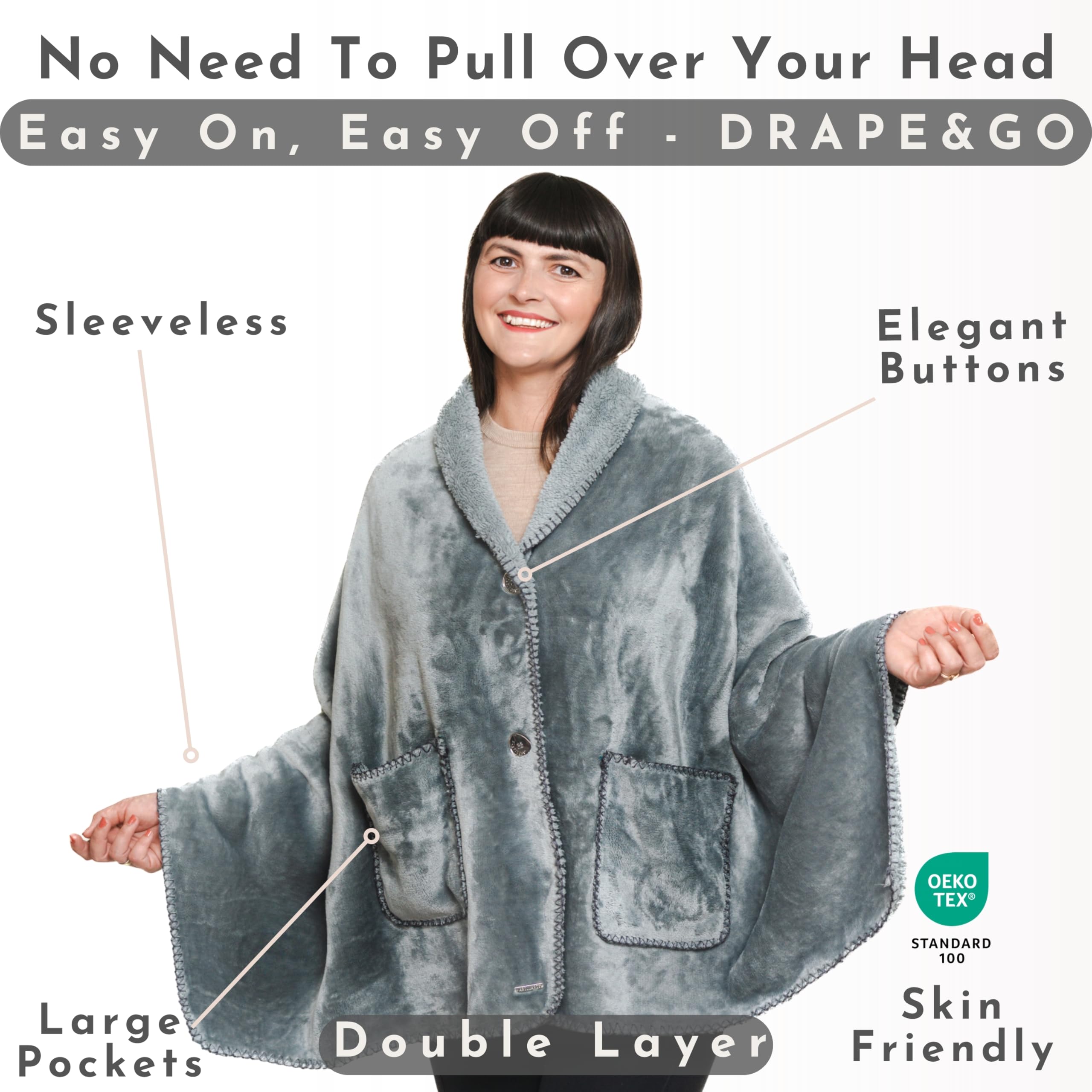 EzrAllora button detail showing oversized buttons for easy fastening benefit