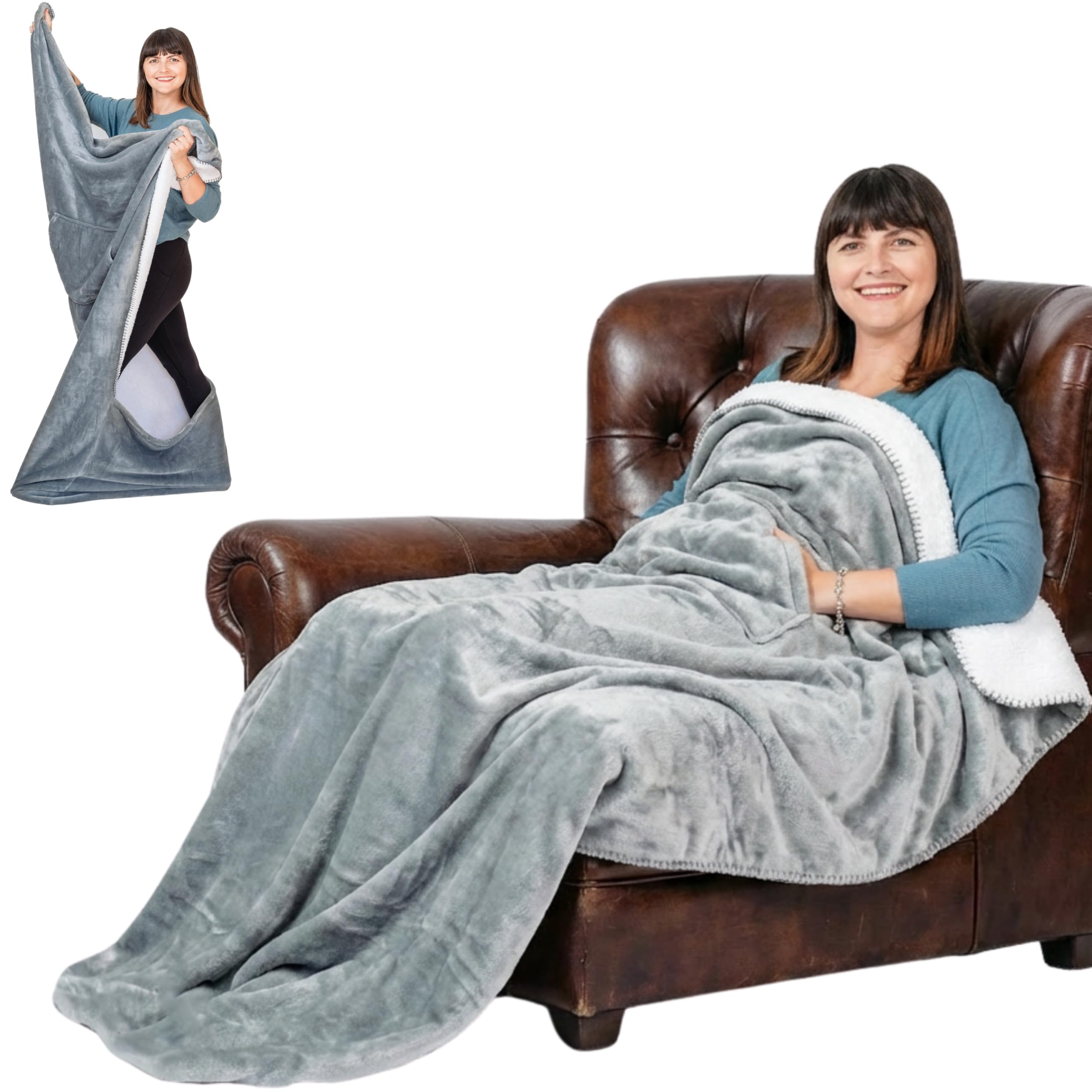 EzrAllora front folded double layer grey showing full blanket and pocket benefit warmth retention