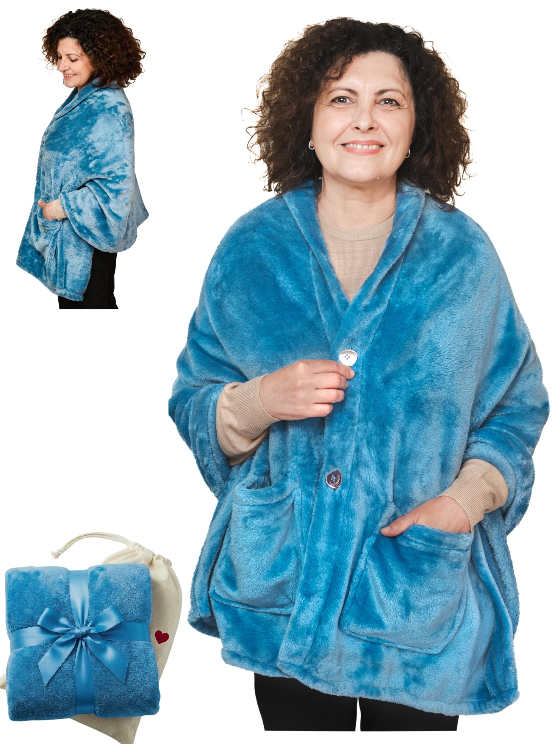 EzrAllora front view of folded Royal Sky poncho showing neat drape and ready-to-gift look