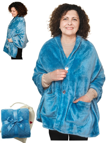 EzrAllora front view of folded Royal Sky poncho showing neat drape and ready-to-gift look