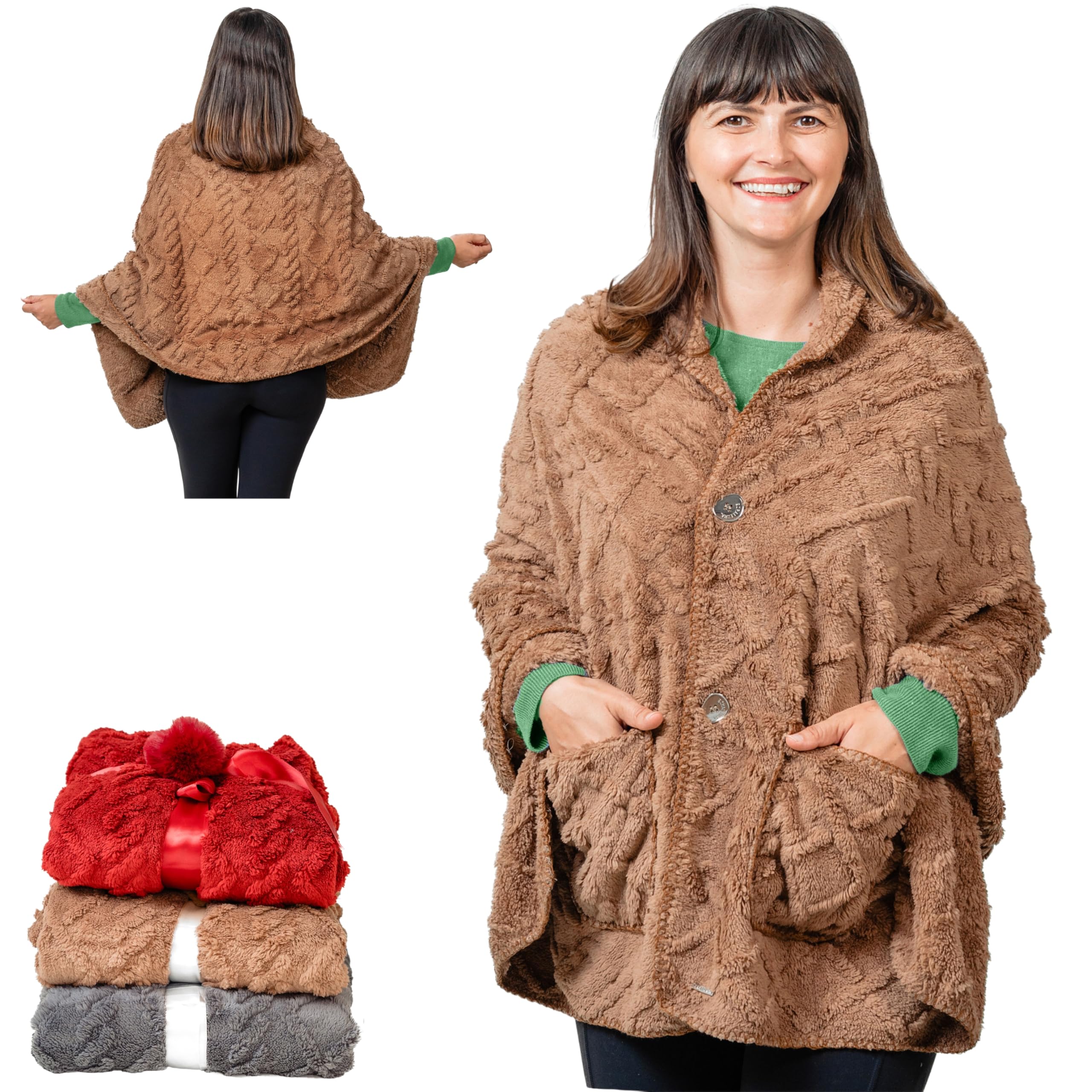 EzrAllora front view brown poncho showing wearable blanket and polished look