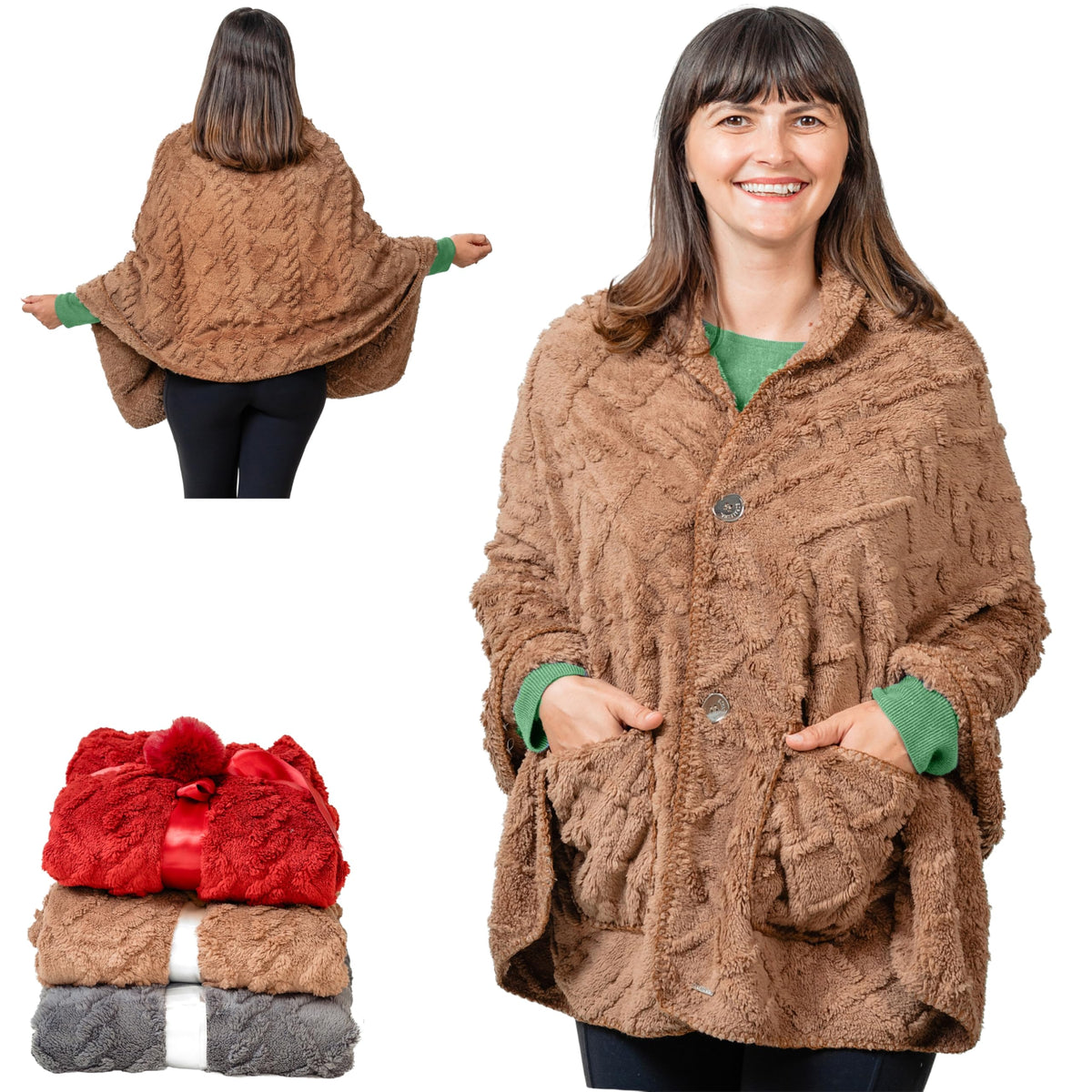 EzrAllora front view brown poncho showing wearable blanket and polished look