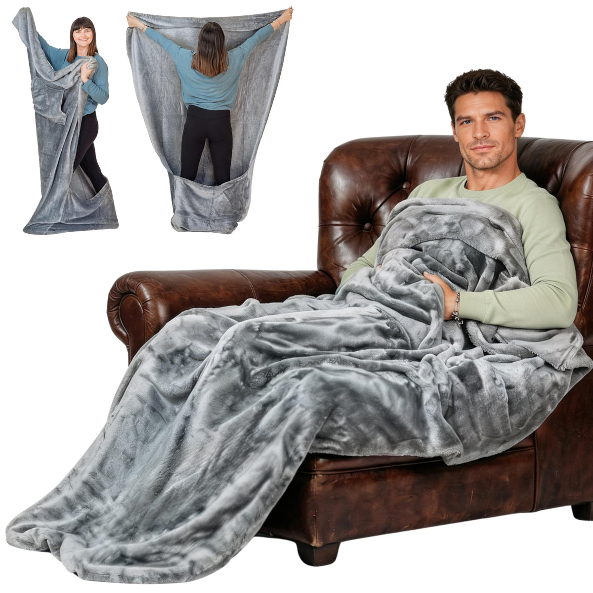 EzrAllora front view of giant grey blanket showing full coverage and foot warmth