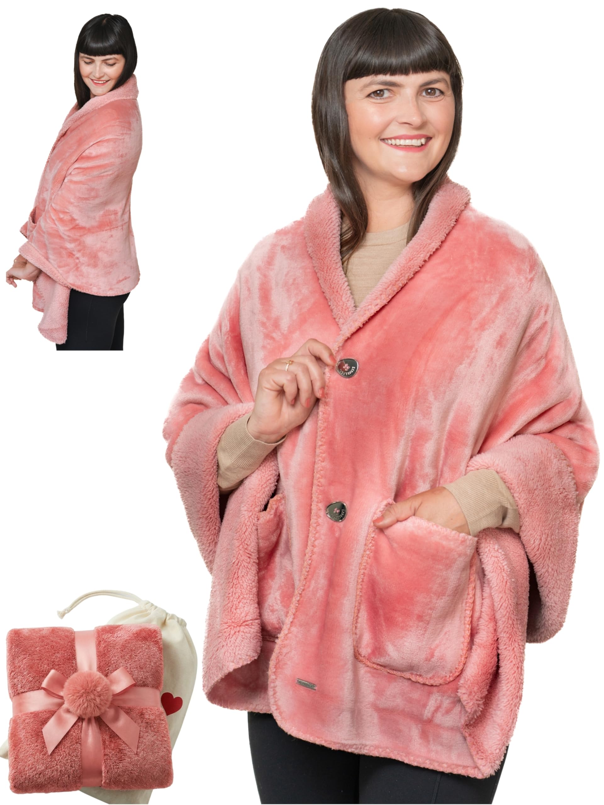 EzrAllora front view poncho blanket pink showing full drape and polished look for everyday wear