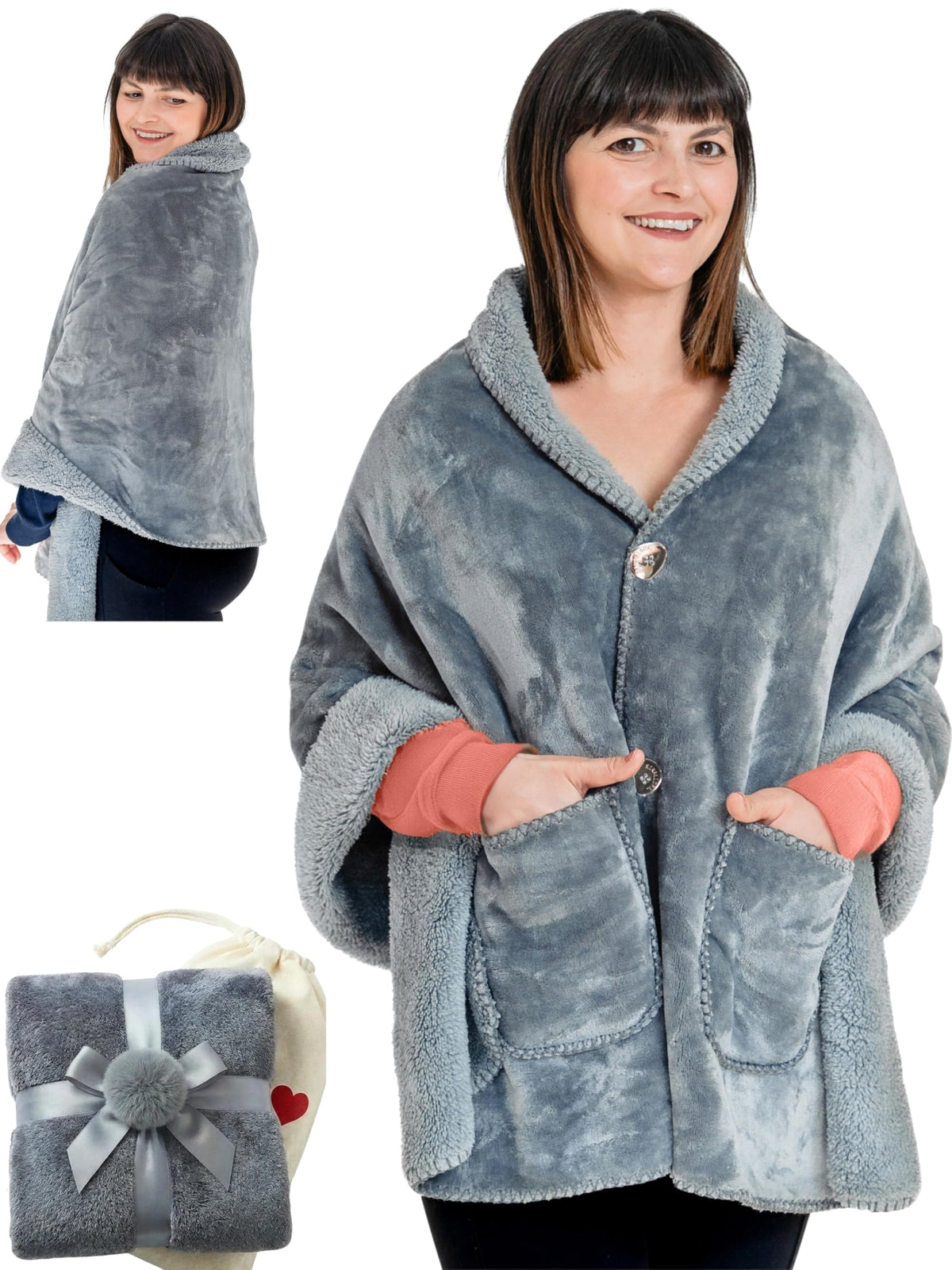 EzrAllora front view grey poncho showing neat drape and wearable blanket benefit