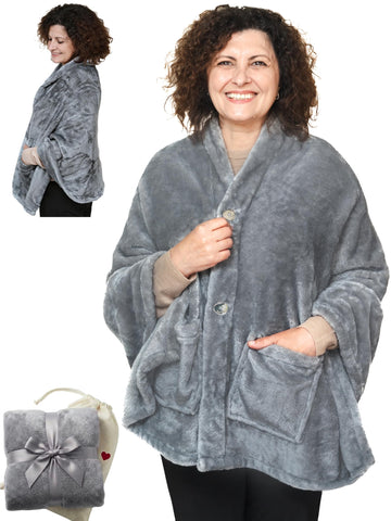 EzrAllora front view poncho in silver grey showing fit and polished look