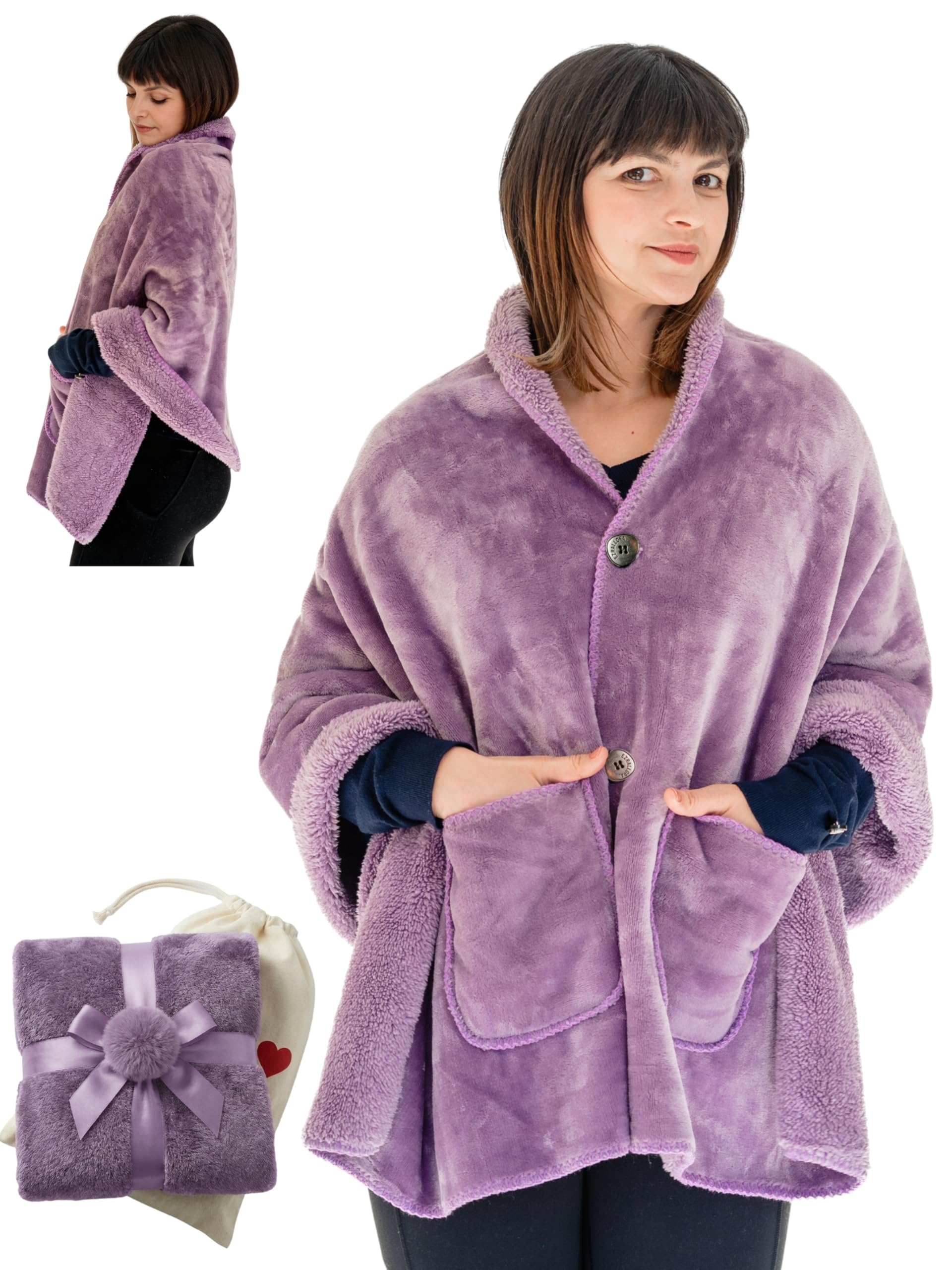 EzrAllora front view purple poncho showing wearable blanket benefit