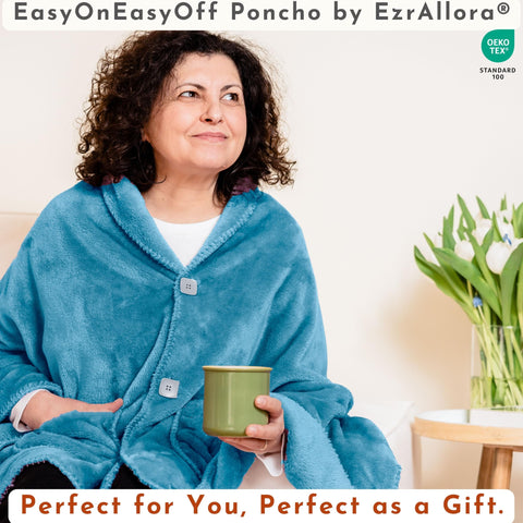 EzrAllora lifestyle image of woman wearing poncho on sofa during a video call for polished homewear