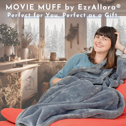 EzrAllora blanket on sofa in living room showing comfortable seated warmth benefit