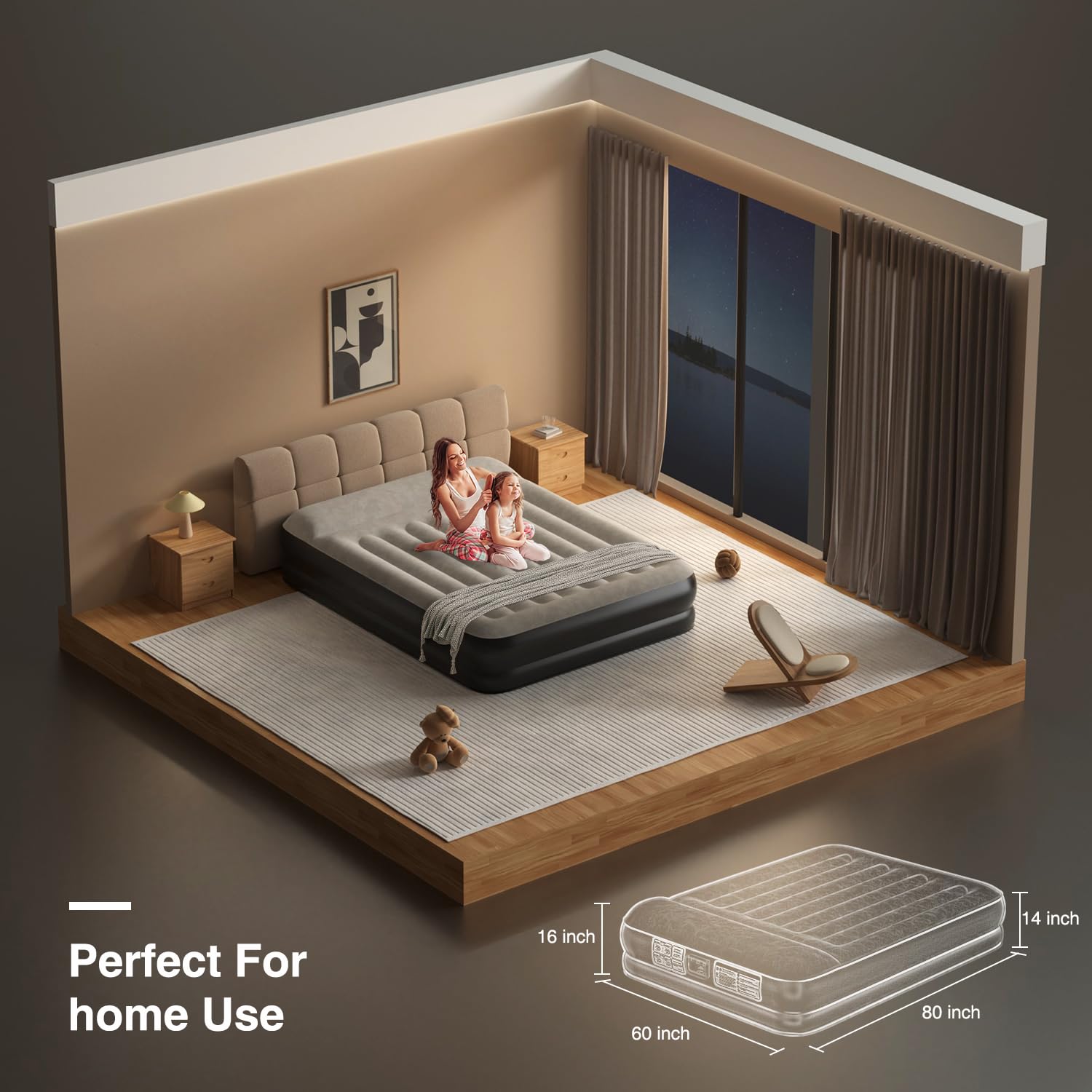 Ezyrest inflated in bedroom lifestyle demonstrating immediate guest-ready comfort