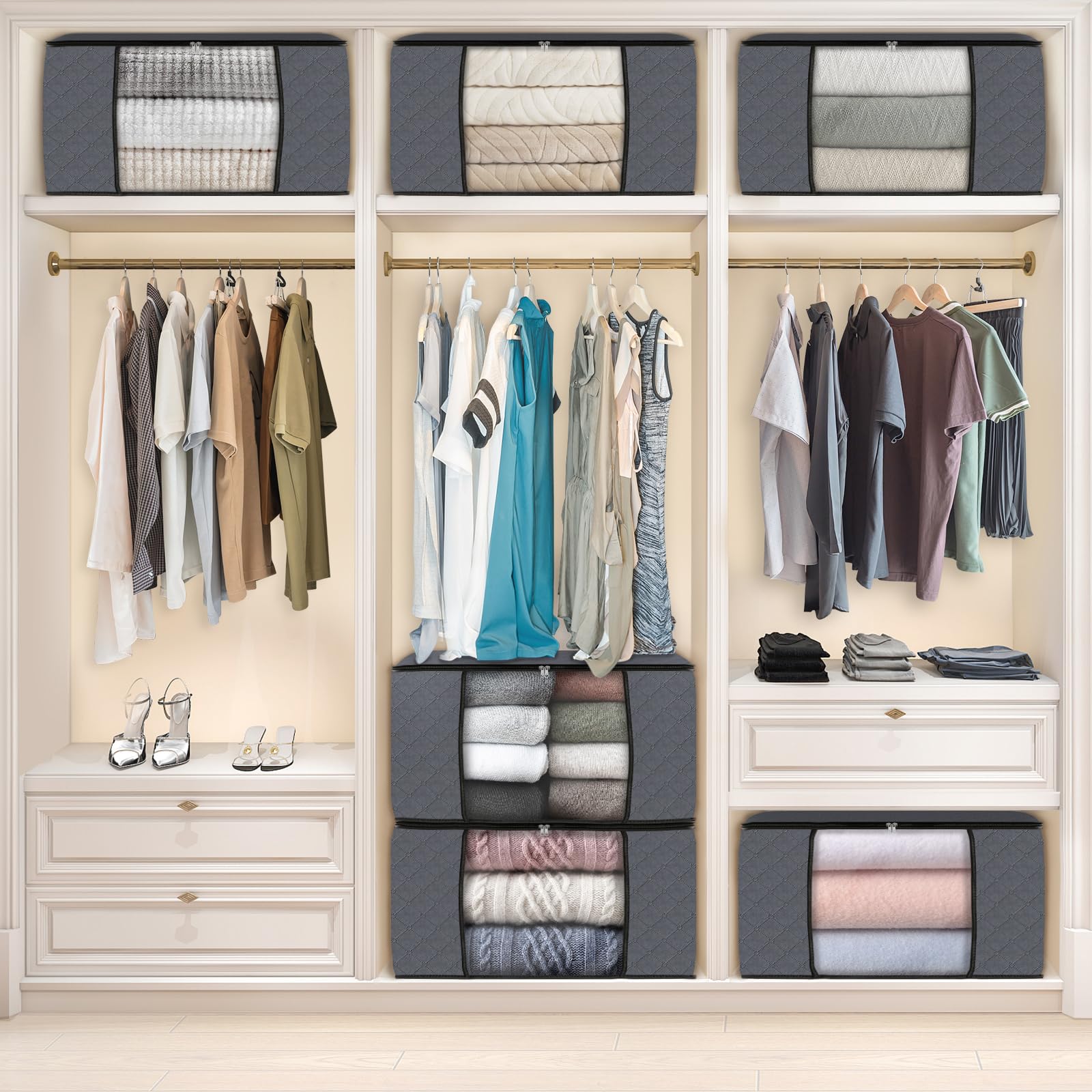 Fab totes arranged in closet lifestyle scene showing tidy, labeled seasonal storage