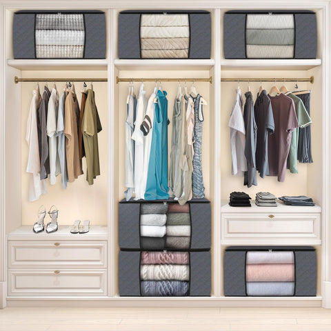 Fab totes arranged in closet lifestyle scene showing tidy, labeled seasonal storage