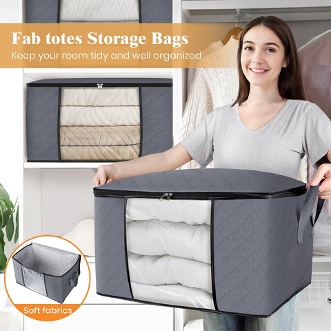 Fab totes filled with blankets and pillows illustrating 60L capacity and neat storage