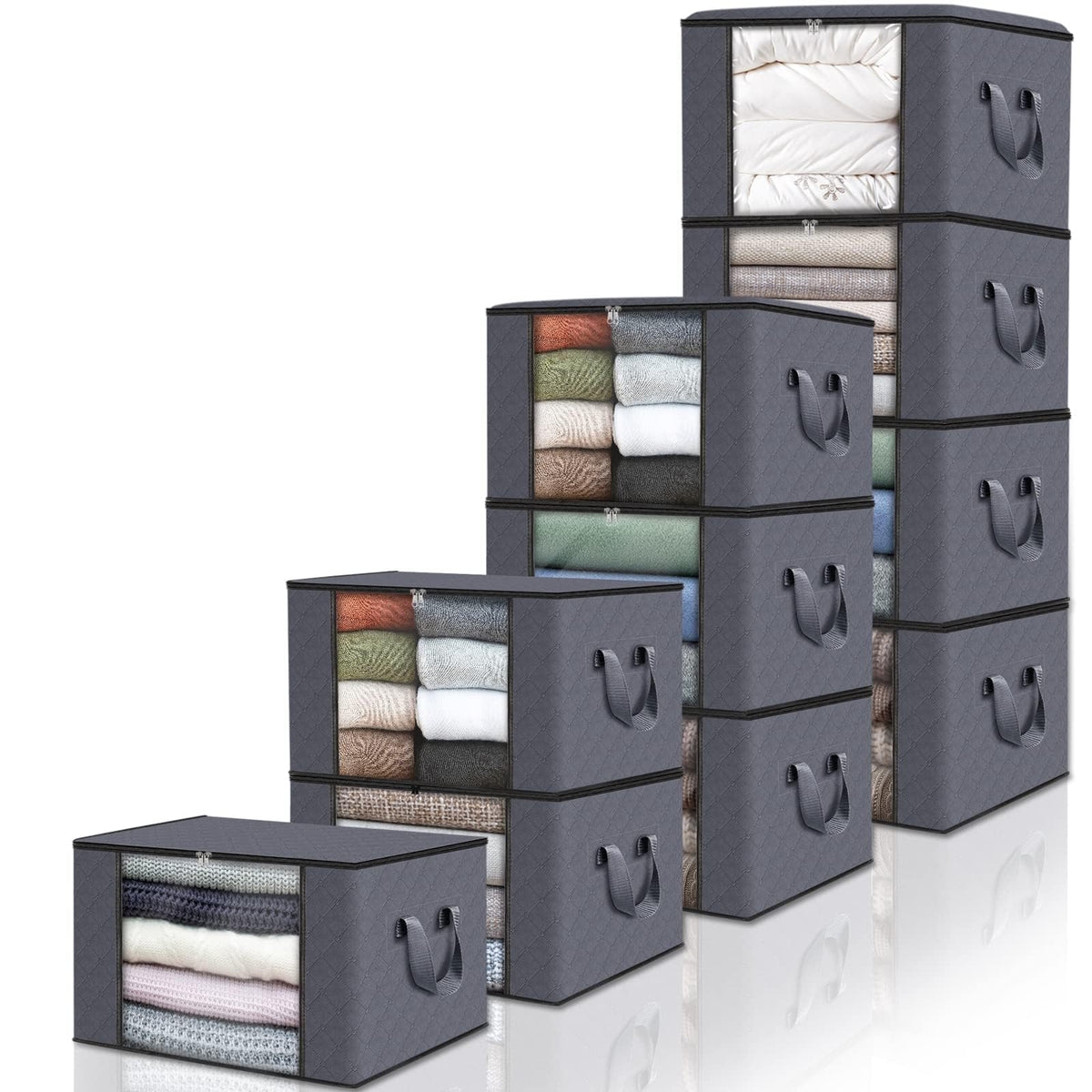 Fab totes front packaging showing ten stacked breathable storage bags for easy organization