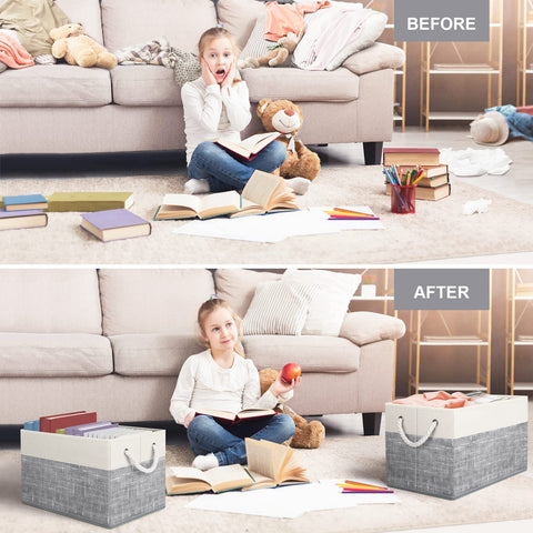 Fab totes in playroom with toys for quick cleanups and order