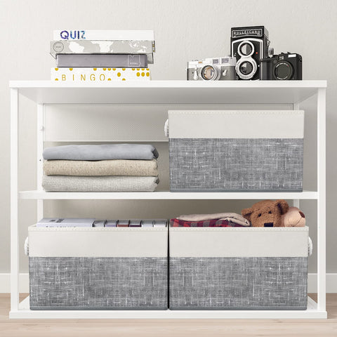 Fab totes on shelf styling in white and grey for neat organization