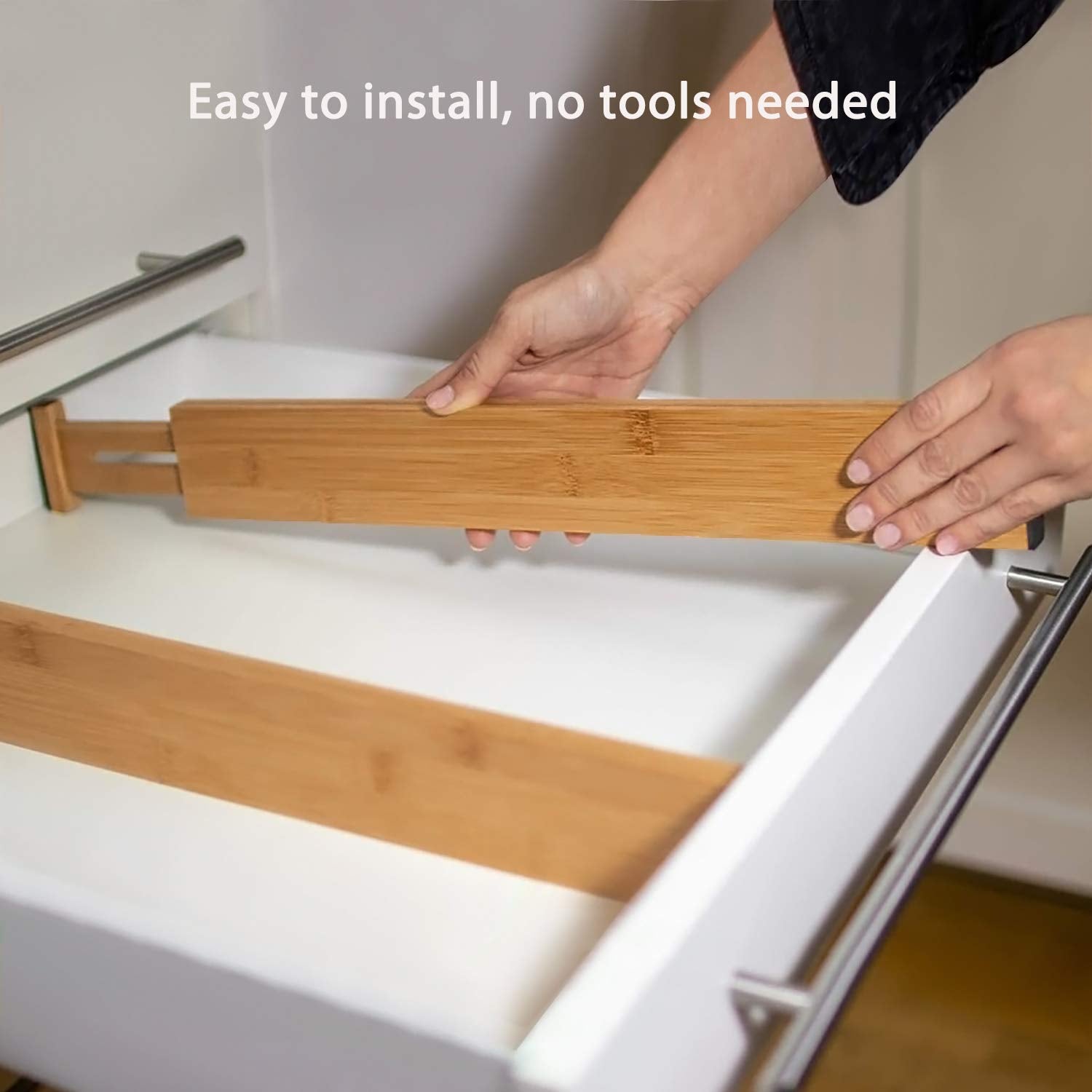 Fabsome divider beside ruler showing adjustable fit for 17 to 22 inch drawers