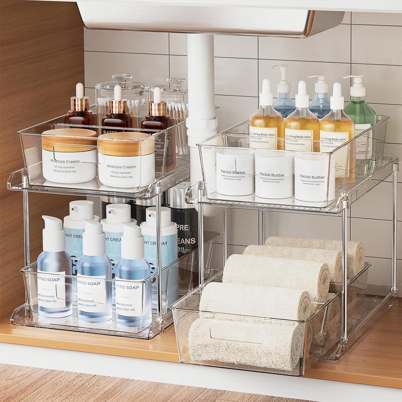Fabspace front view of clear under-sink organizer showing tidy storage and easy access